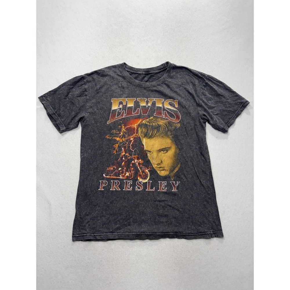 Elvis Presley Shirt Mens Medium Gray Lightning Motorcycle Graphic Tee Music